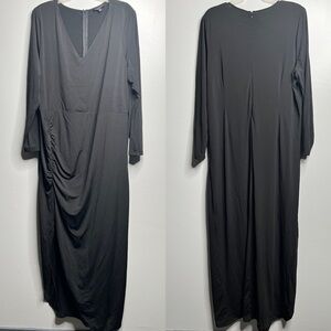 Eloquii Black Long Sleeve V Neck Maxi Ruched Dress With Side Slit Plus Size 26